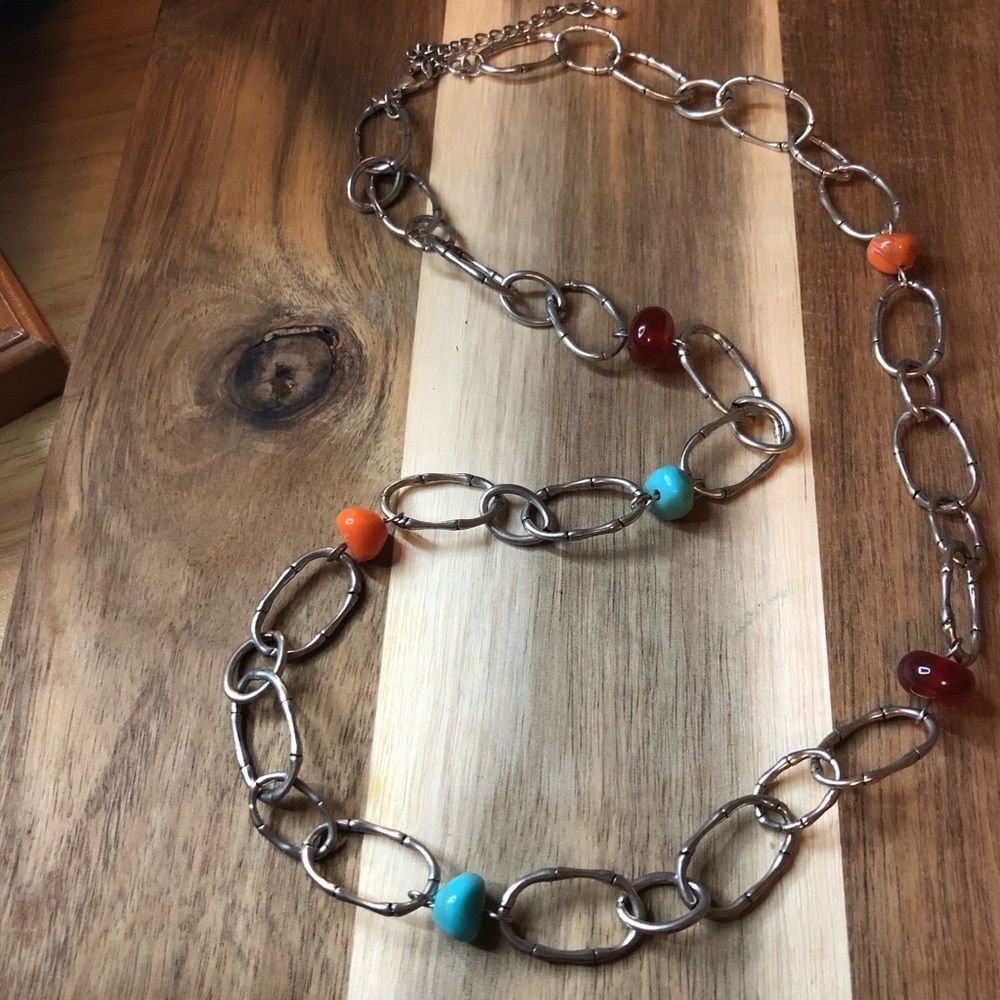RMN ROMAN JEWELRY Silver Tone Linked Chain W Multi Color Bead Statement Necklace